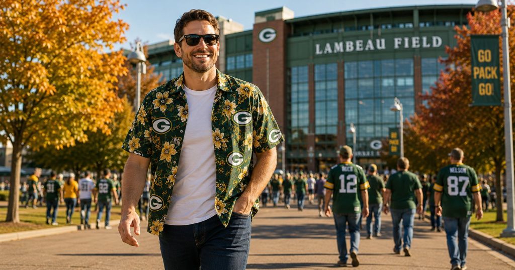 Green Bay Packers fan in green and gold Hawaiian shirt open over white tee walking toward Lambeau Field — Wisconsin autumn trees, Rodgers #12 and Nelson #87 jerseys in crowd, Go Pack Go banner visible