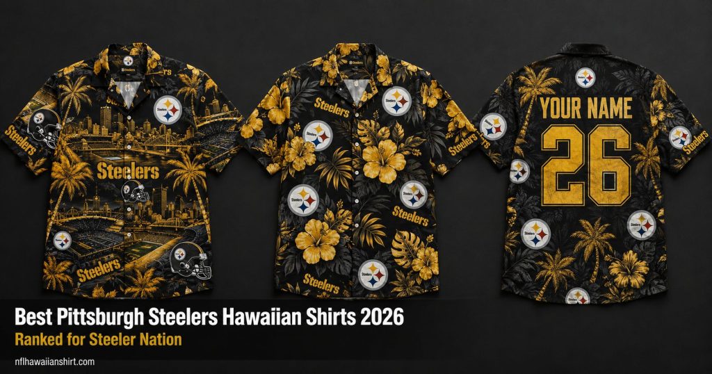 Best Pittsburgh Steelers Hawaiian shirts 2026 — three ranked designs including city print, tropical floral and custom name number on dark background