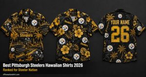Best Pittsburgh Steelers Hawaiian shirts 2026 — three ranked designs including city print, tropical floral and custom name number on dark background