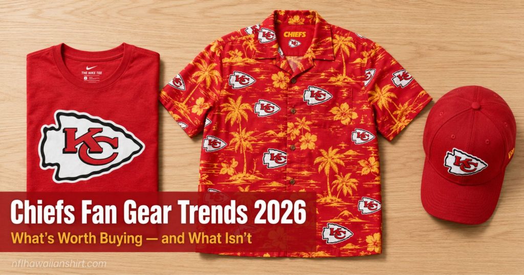 Kansas City Chiefs fan gear trends 2026 — flat lay of red tee, Chiefs Hawaiian shirt and red cap on wood surface