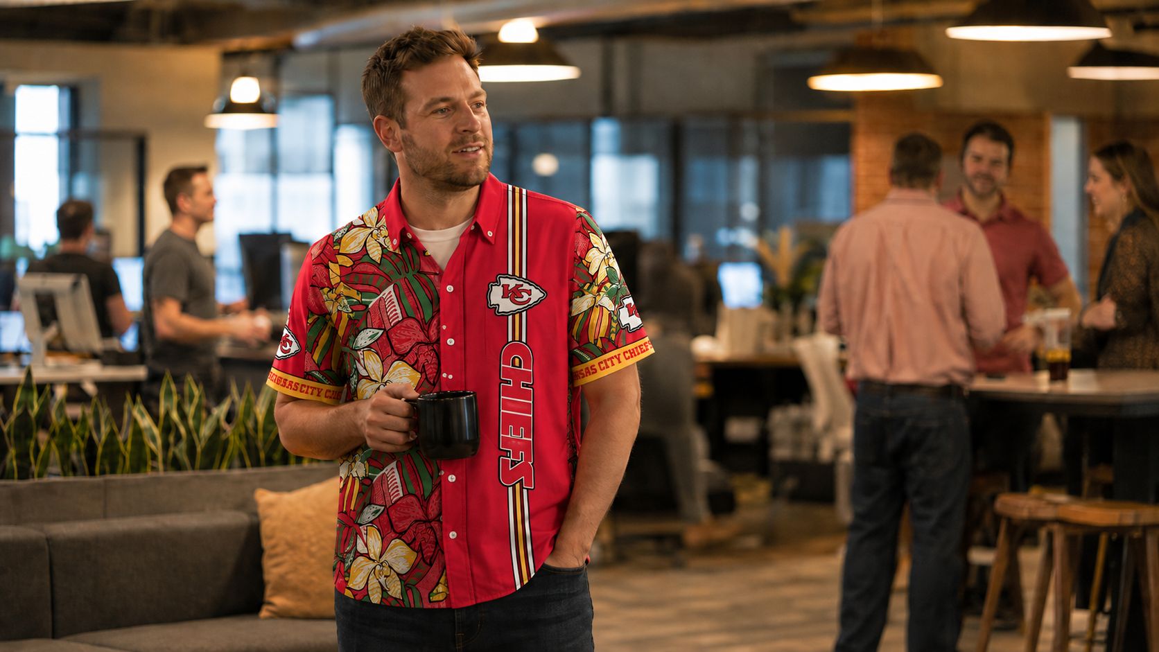 Chiefs Hawaiian Shirt — Red Friday Office Everyday Wear Kansas City Chiefs Hawaiian shirt worn at Kansas City office on Red Friday — everyday fan gear beyond game day