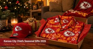 Kansas City Chiefs seasonal gifts 2026 — Chiefs Hawaiian shirt and red cap in gift box beside Christmas tree in warm home interior