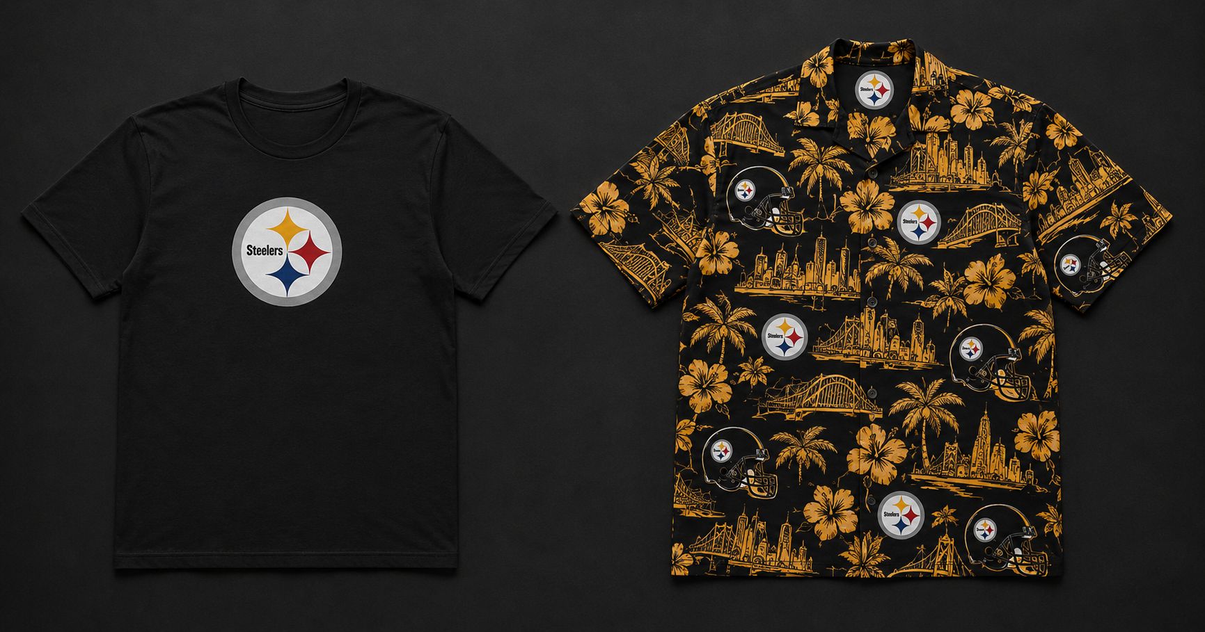 Steelers Fan Gear — Basic Tee vs All-Over Print Side by Side Pittsburgh Steelers fan gear comparison — plain black logo tee left versus all-over print black and gold Hawaiian shirt right on dark surface