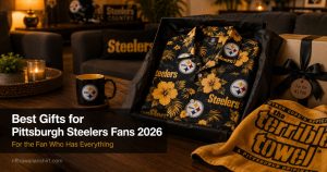 Best gifts for Pittsburgh Steelers fans 2026 — Steelers Hawaiian shirt in gift box with Terrible Towel and black mug on coffee table