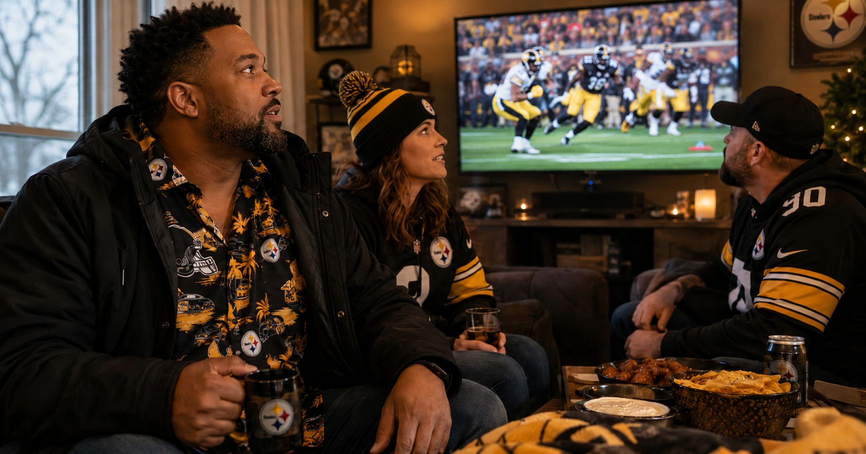 Pittsburgh Steelers fans at November watch party — fan wearing Steelers Hawaiian shirt as mid-layer under jacket watching game on TV