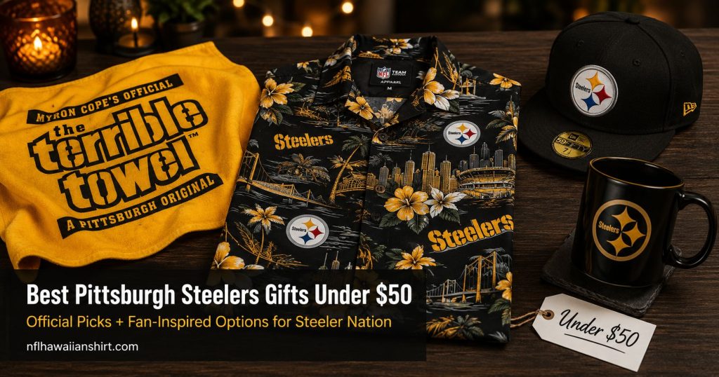Best Pittsburgh Steelers gifts under $50 — Terrible Towel, Steelers Hawaiian shirt, fitted cap and black mug with Under $50 price tag