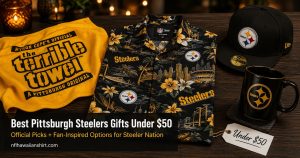 Best Pittsburgh Steelers gifts under $50 — Terrible Towel, Steelers Hawaiian shirt, fitted cap and black mug with Under $50 price tag