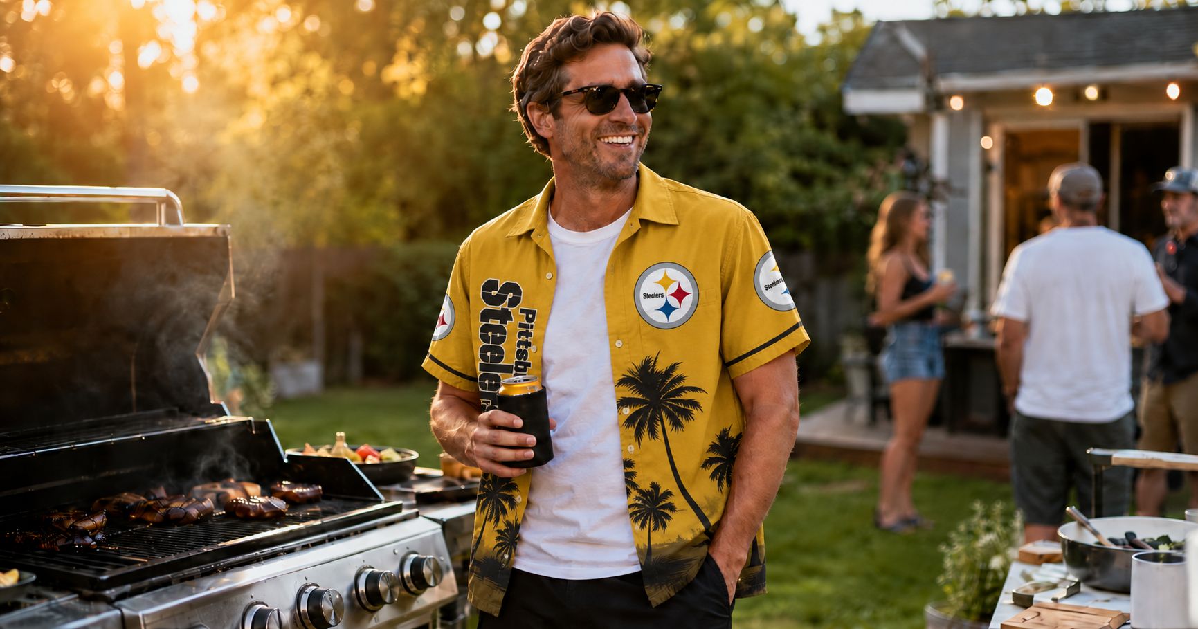 Pittsburgh Steelers Hawaiian shirt worn at backyard cookout — fan in gold and black all-over print shirt at summer grill