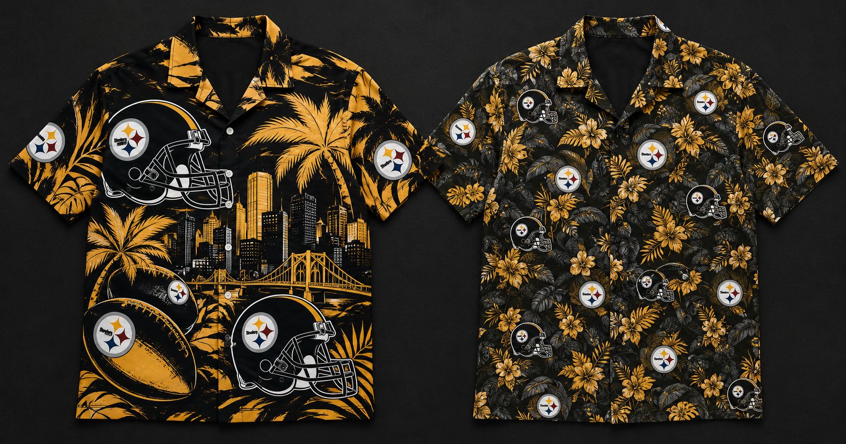 Steelers Hawaiian Shirts — Tailgate vs Everyday Comparison Pittsburgh Steelers Hawaiian shirt comparison — bold gold tailgate design left versus black tropical everyday design right on dark background