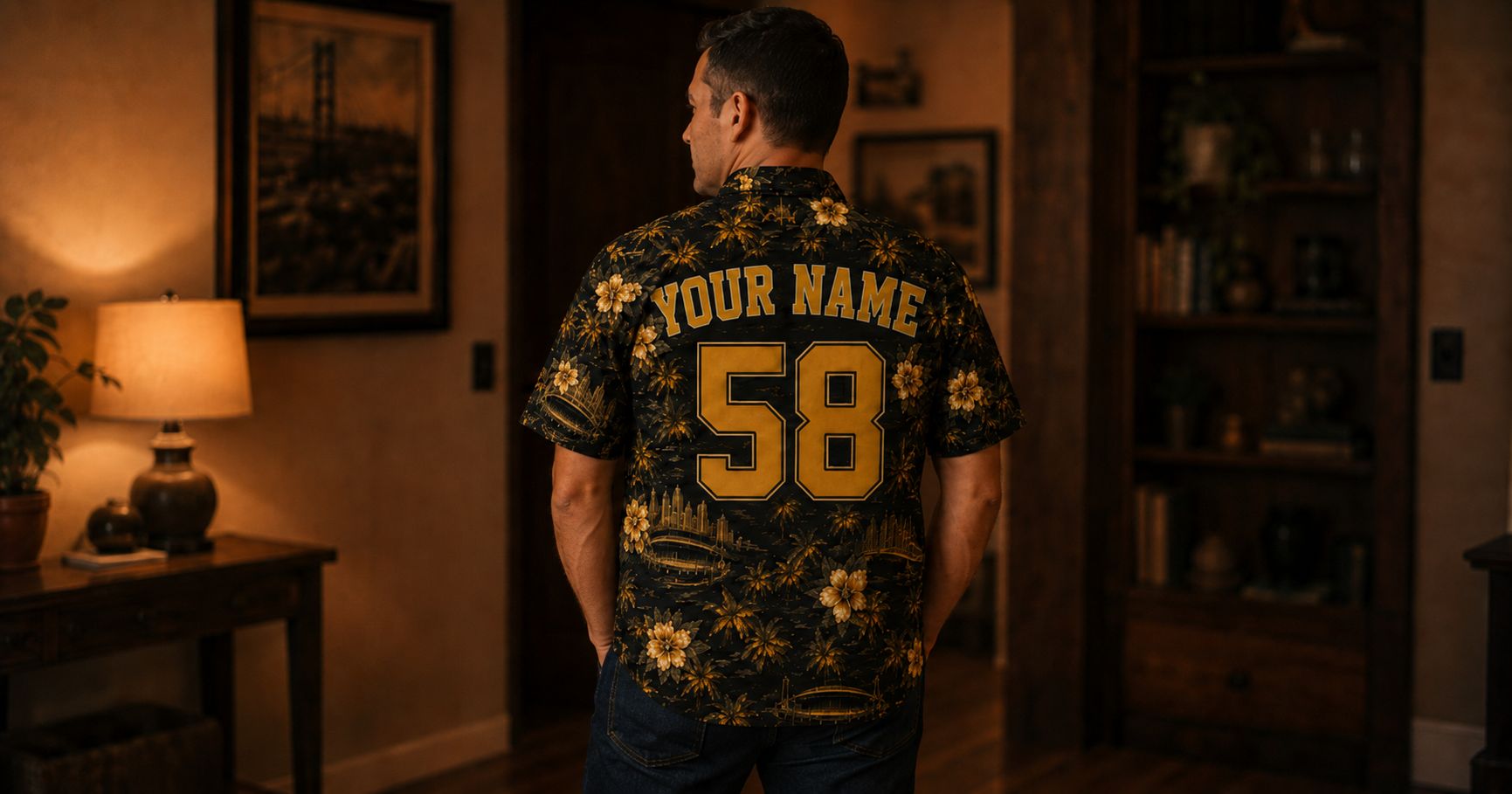 Custom Pittsburgh Fan Shirt — YOUR NAME #58 Back View Portrait Pittsburgh Steelers Hawaiian shirt back view — custom name YOUR NAME and number 58 in gold on black all-over print fabric
