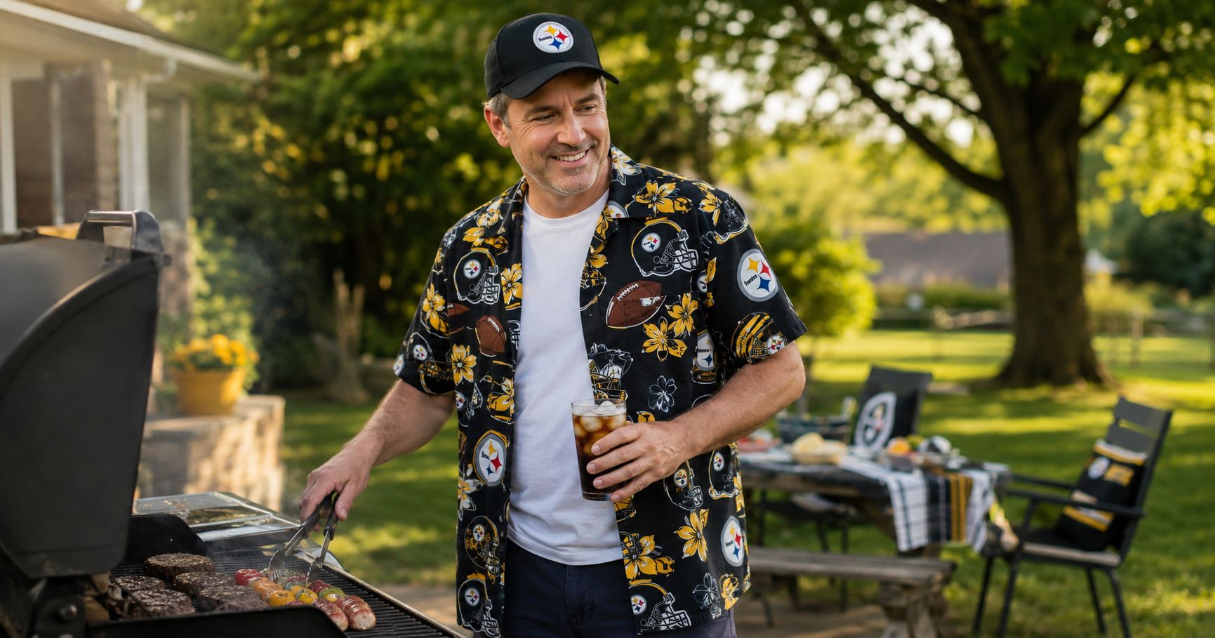 Pittsburgh Steelers Hawaiian shirt at Father's Day backyard cookout — man in black and gold shirt grilling with Steelers cap