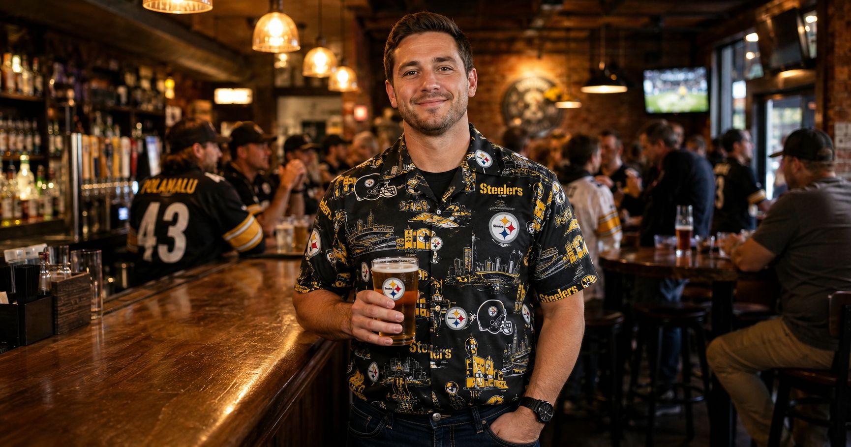 Steelers Hawaiian Shirt — Post-Game South Side Bar Scene Pittsburgh Steelers Hawaiian shirt at post-game bar — fan in buttoned black and gold shirt at South Side Pittsburgh bar