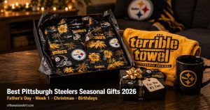 Best Pittsburgh Steelers seasonal gifts 2026 — Steelers Hawaiian shirt in gift box with Terrible Towel and black mug on dark wood table