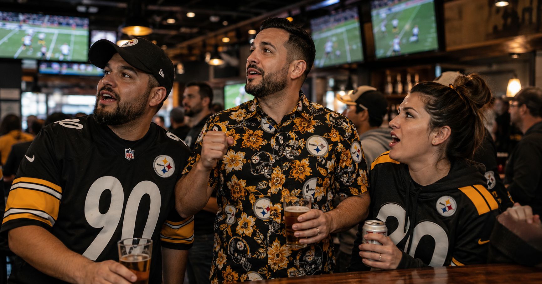 Steeler Nation Diaspora — Sports Bar Watch Party Scene Steeler Nation diaspora watch party — three Pittsburgh Steelers fans reacting to game at sports bar with NFL on TV screens