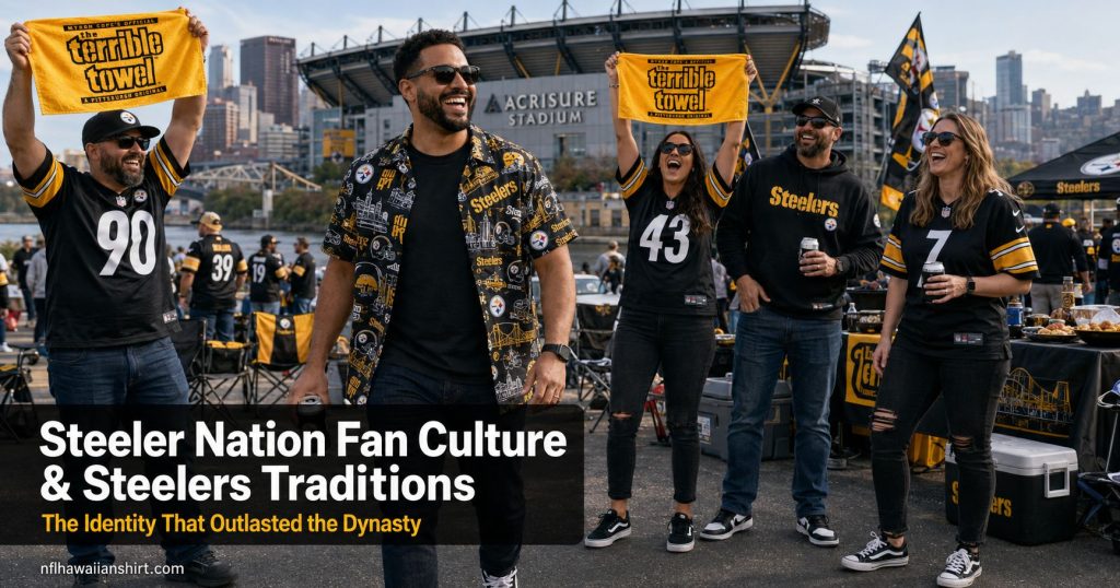 Steeler Nation fan culture — group of Pittsburgh Steelers fans waving Terrible Towels at North Shore tailgate with Acrisure Stadium behind them