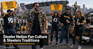 Steeler Nation fan culture — group of Pittsburgh Steelers fans waving Terrible Towels at North Shore tailgate with Acrisure Stadium behind them
