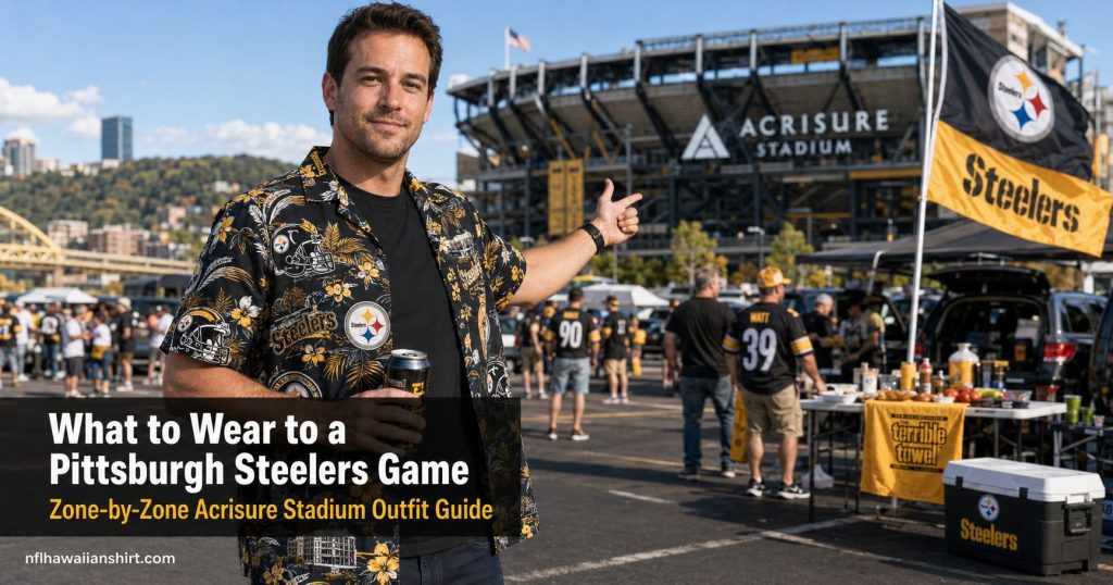 What to wear to a Pittsburgh Steelers game — man in Steelers Hawaiian shirt at North Shore tailgate with Acrisure Stadium behind him