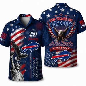 Buffalo Bills America 250 Hawaiian shirt with eagle & we the people freedom artwork, front and back view