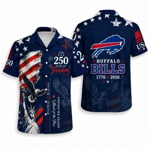 Buffalo Bills America 250 Hawaiian shirt with liberty & bills heritage artwork, front and back view