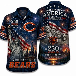 Chicago Bears America 250 Hawaiian shirt with mount rushmore & liberty, front and back view