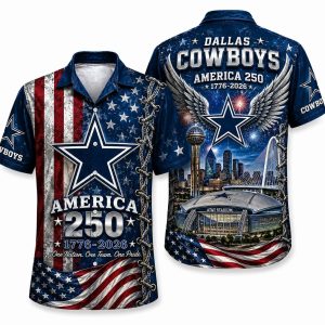 Dallas Cowboys America 250 Hawaiian shirt with laced flag stadium celebration artwork, front and back view