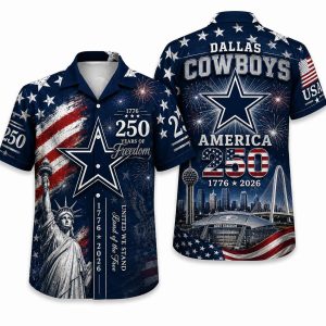 Dallas Cowboys America 250 Hawaiian shirt with dark liberty stadium freedom artwork, front and back view