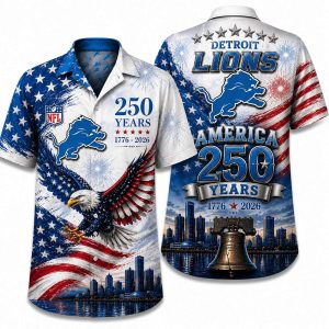 White Detroit Lions America 250 Hawaiian shirt with bald eagle, Lions logo, American flag, Liberty Bell and Detroit skyline