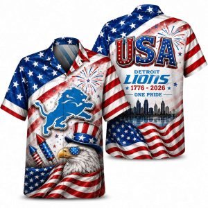 Detroit Lions Flag Eagle USA Celebration 250 Hawaiian Shirt