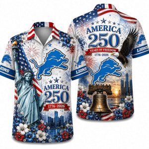 White Detroit Lions America 250 Hawaiian shirt with Statue of Liberty, Lions logo, flowers, eagle, Liberty Bell and fireworks