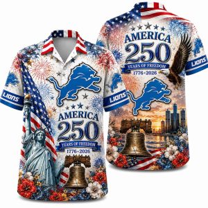 Detroit Lions America 250 Hawaiian shirt with Statue of Liberty, Lions logo, eagle, Liberty Bell, skyline and red-blue flowers