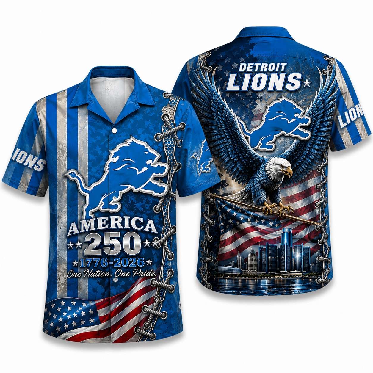 Detroit Lions Motor City Eagle Freedom 250 Hawaiian Shirt