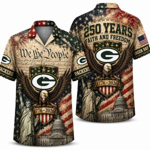 Green Bay Packers America 250 Hawaiian shirt with we the people, liberty & eagle artwork, front and back view