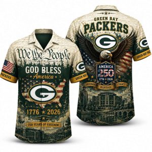 Green Bay Packers America 250 Hawaiian shirt with we the people & lambeau heritage artwork, front and back view