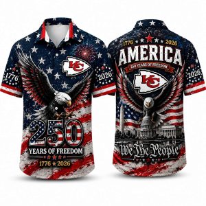 Kansas City Chiefs America 250 Hawaiian shirt with eagle & capitol freedom artwork, front and back view