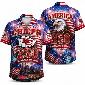 Kansas City Chiefs America 250 Hawaiian shirt with fireworks eagle & city artwork, front and back view
