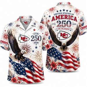 Kansas City Chiefs America 250 Hawaiian shirt with floral eagle & flag artwork, front and back view