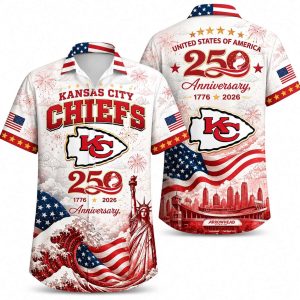 Kansas City Chiefs America 250 Hawaiian shirt with red wave anniversary artwork, front and back view