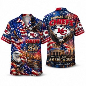 Kansas City Chiefs America 250 Hawaiian shirt with eagle & stadium city artwork, front and back view