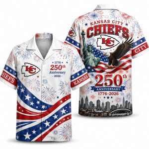 Kansas City Chiefs America 250 Hawaiian shirt with stars & stripes anniversary artwork, front and back view