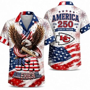 Kansas City Chiefs America 250 Hawaiian shirt with stars & stripes eagle artwork, front and back view