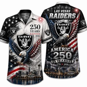 Las Vegas Raiders America 250 Hawaiian shirt with silver eagle & vegas night artwork, front and back view
