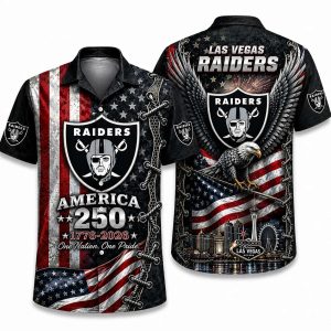 Las Vegas Raiders America 250 Hawaiian shirt with eagle, flag & vegas skyline artwork, front and back view