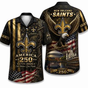 New Orleans Saints America 250 Hawaiian shirt with black & gold freedom eagle artwork, front and back view
