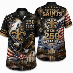 New Orleans Saints America 250 Hawaiian shirt with eagle, flag & new orleans night artwork, front and back view