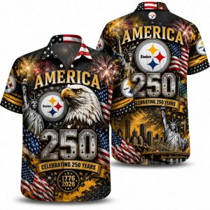 Pittsburgh Steelers America 250 Hawaiian shirt with dark gold eagle & fireworks artwork, front and back view
