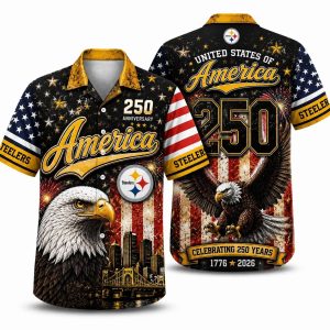 Pittsburgh Steelers America 250 Hawaiian shirt with eagle, flag & pittsburgh artwork, front and back view