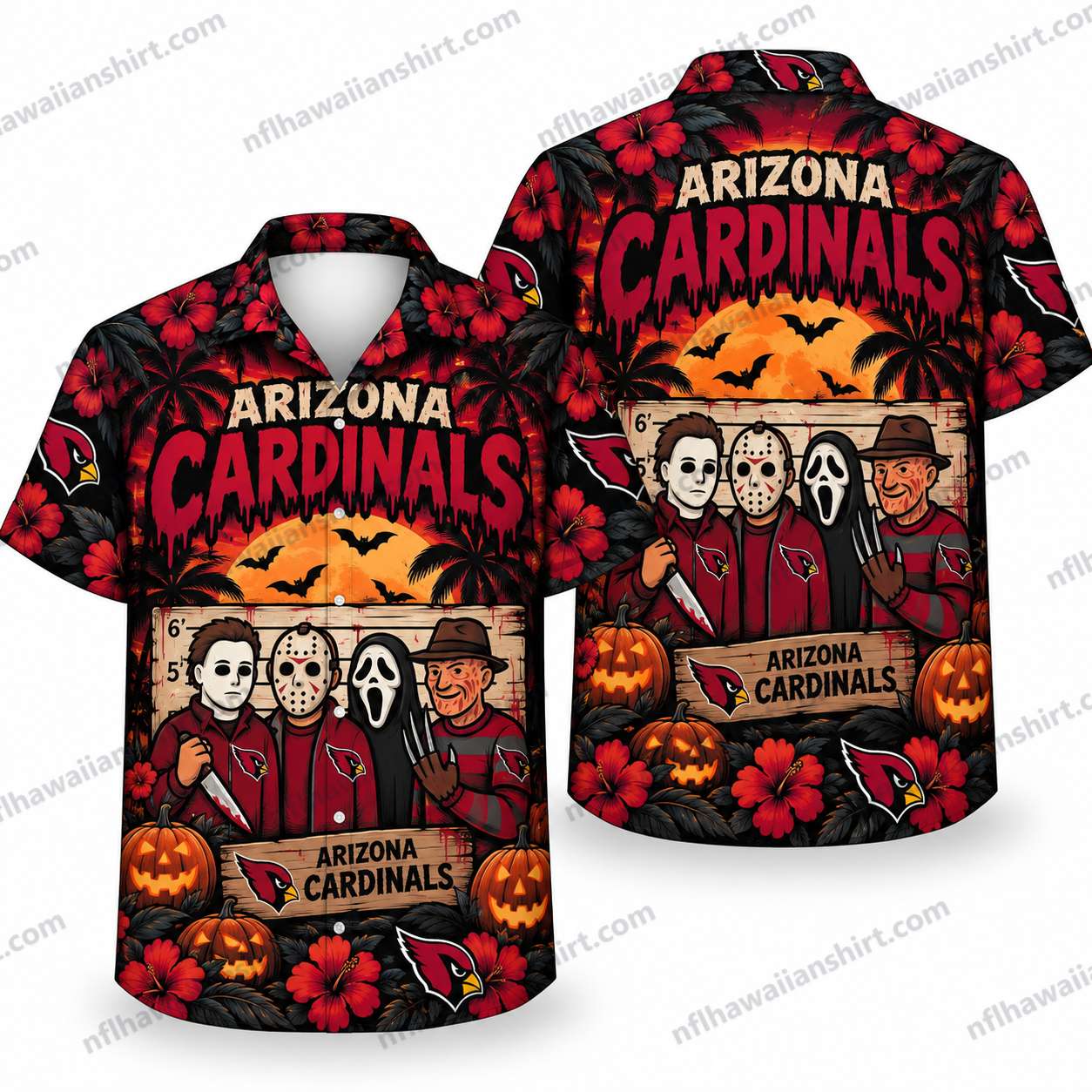 Arizona Cardinals Horror Icons Ensemble Halloween Hawaiian Shirt Arizona Cardinals Horror Icons Ensemble Halloween Hawaiian Shirt