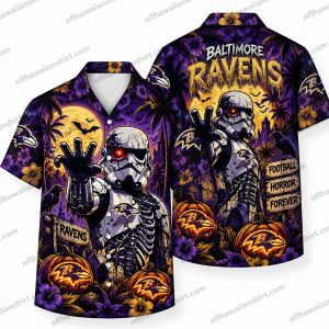Baltimore Ravens Cyborg Skeleton Football Horror Halloween Hawaiian Shirt