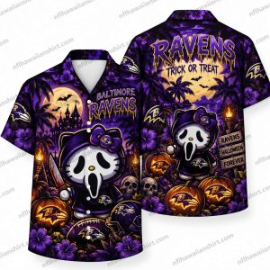Baltimore Ravens Ghostface & Hello Kitty Pumpkin Mashup Halloween Hawaiian Shirt