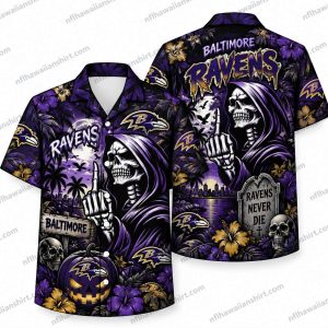 Baltimore Ravens Grim Reaper Defiant Gesture Halloween Hawaiian Shirt